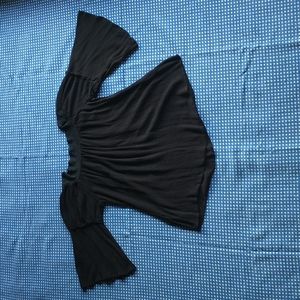 Women's Black Bell Sleeve Flowy Bohemian Hippie Lace Trim Blouse